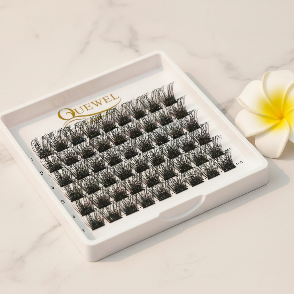 Quewel DIY lash clusters D curl 14mm with rainbow iridescent shimmer on white marble surface