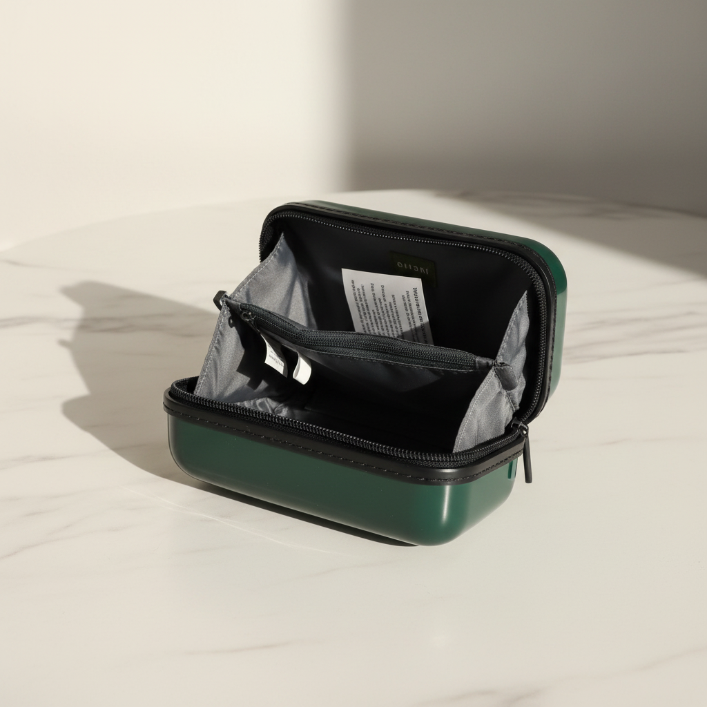 Open Story Hardside Mini Case in forest green open on white marble showing organized interior compartments