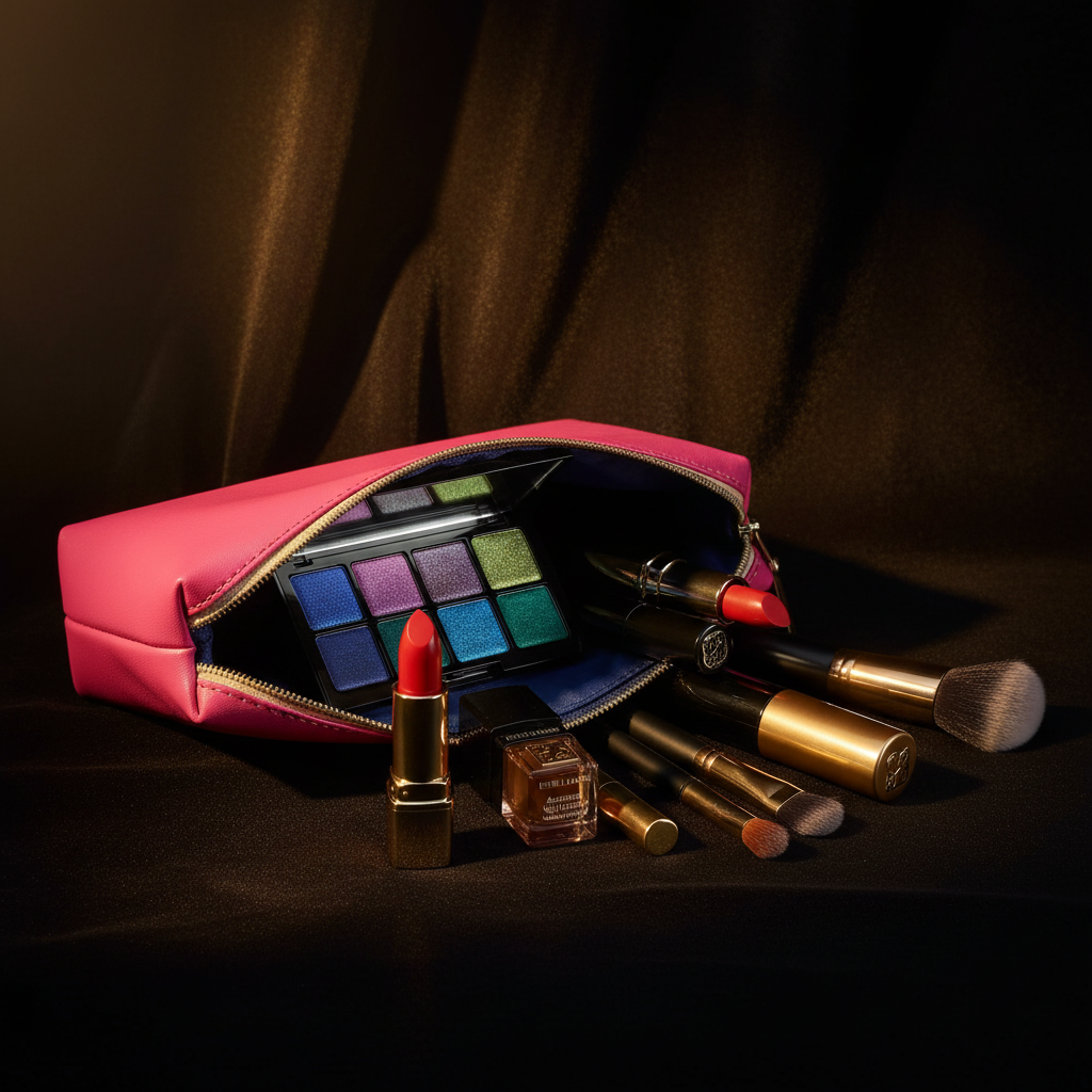 Estée Lauder buckle makeup bag - glamorous interior with luxury beauty products