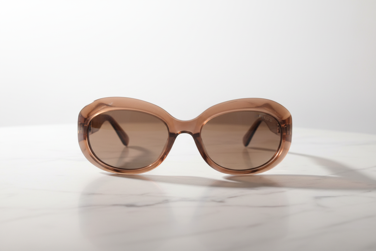 Fendi FF oval sunglasses in brown and gold on white marble
