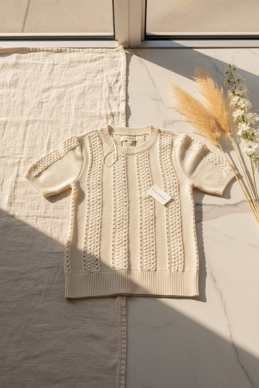 Lucky Brand Women's Cream Open-Knit Short Sleeve Sweater Size M