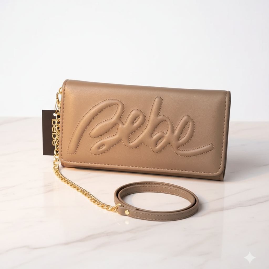 Bebe taupe wristlet wallet - elegant editorial shot on marble surface