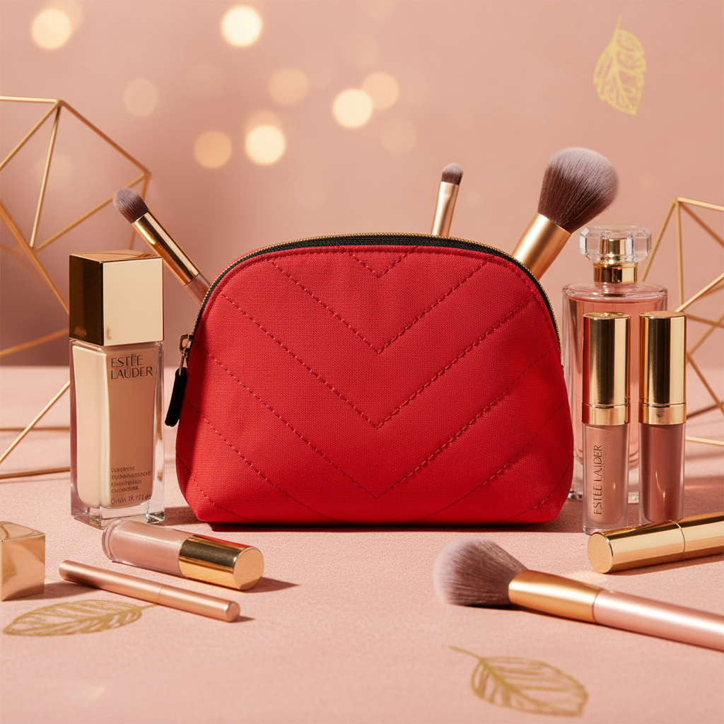 Estée Lauder red makeup pouch styled with luxury makeup products - back