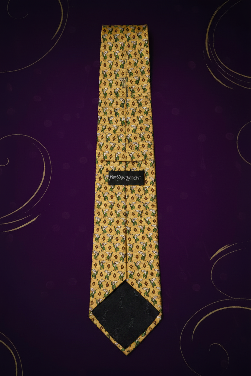 YSL yellow silk tie – back view showing YSL label on purple velvet