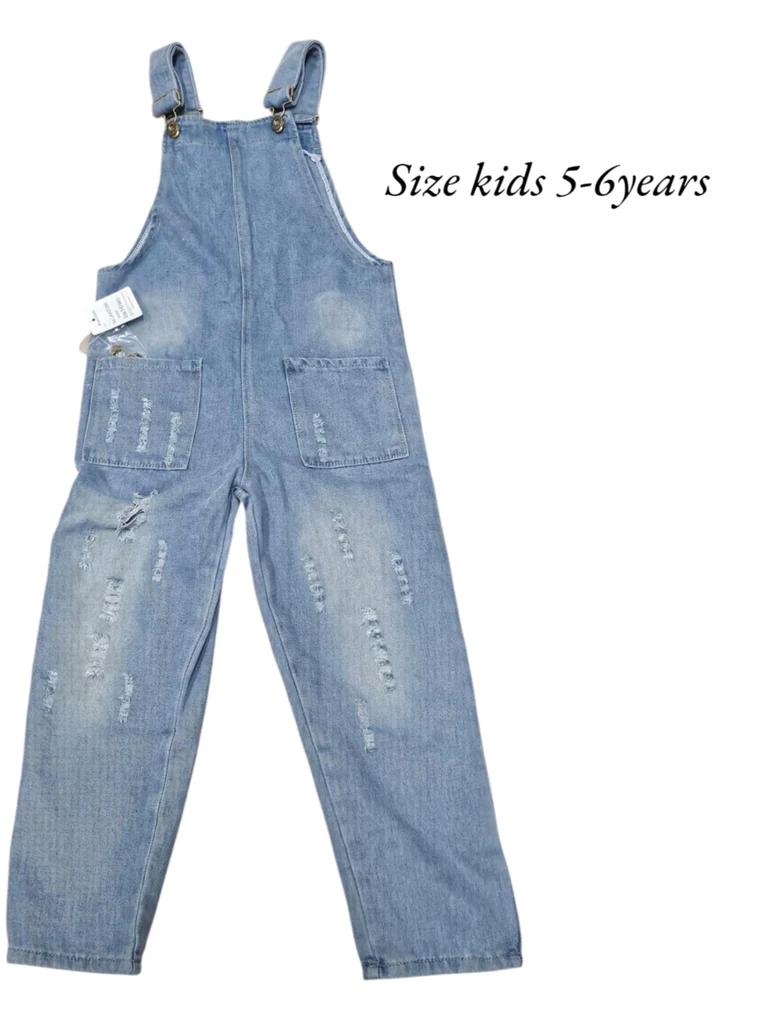 Girls Distressed Denim Overalls – Light Wash | Size 7-8 Years (Average)