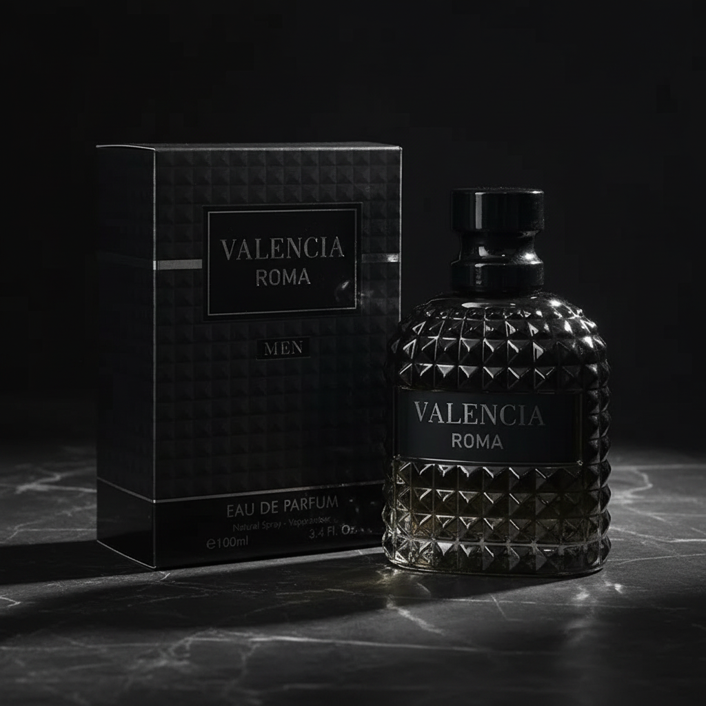 Valencia Roma Men's EDP black diamond-cut bottle and box