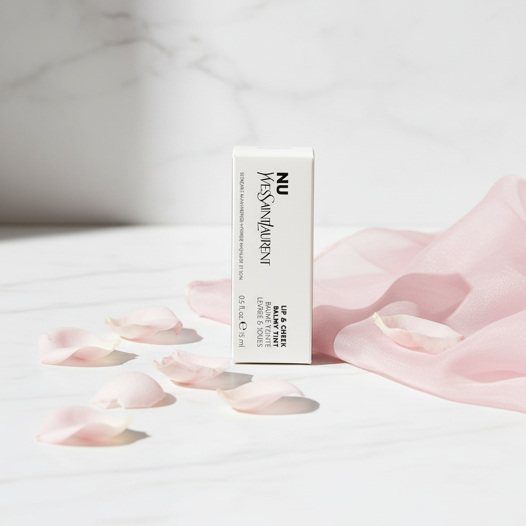 YSL NU Lip and Cheek Balmy Tint Nu Pinch on white marble with rose petals and pink silk, elegant beauty photography