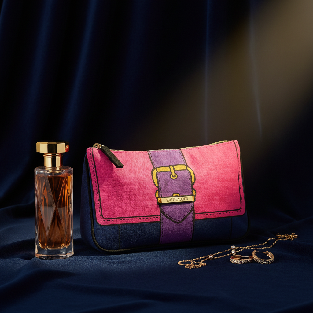 Estée Lauder buckle makeup bag - glamorous editorial shot