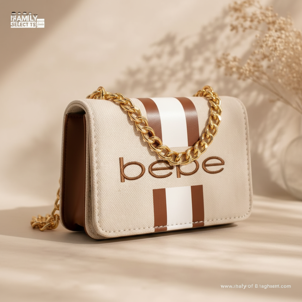 Bebe cream and brown stripe flap crossbody bag with gold chain strap - glamorous editorial shot