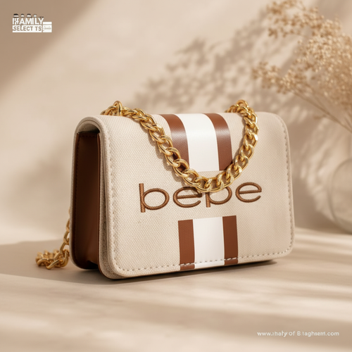 Bebe cream and brown stripe flap crossbody bag with gold chain strap - glamorous editorial shot