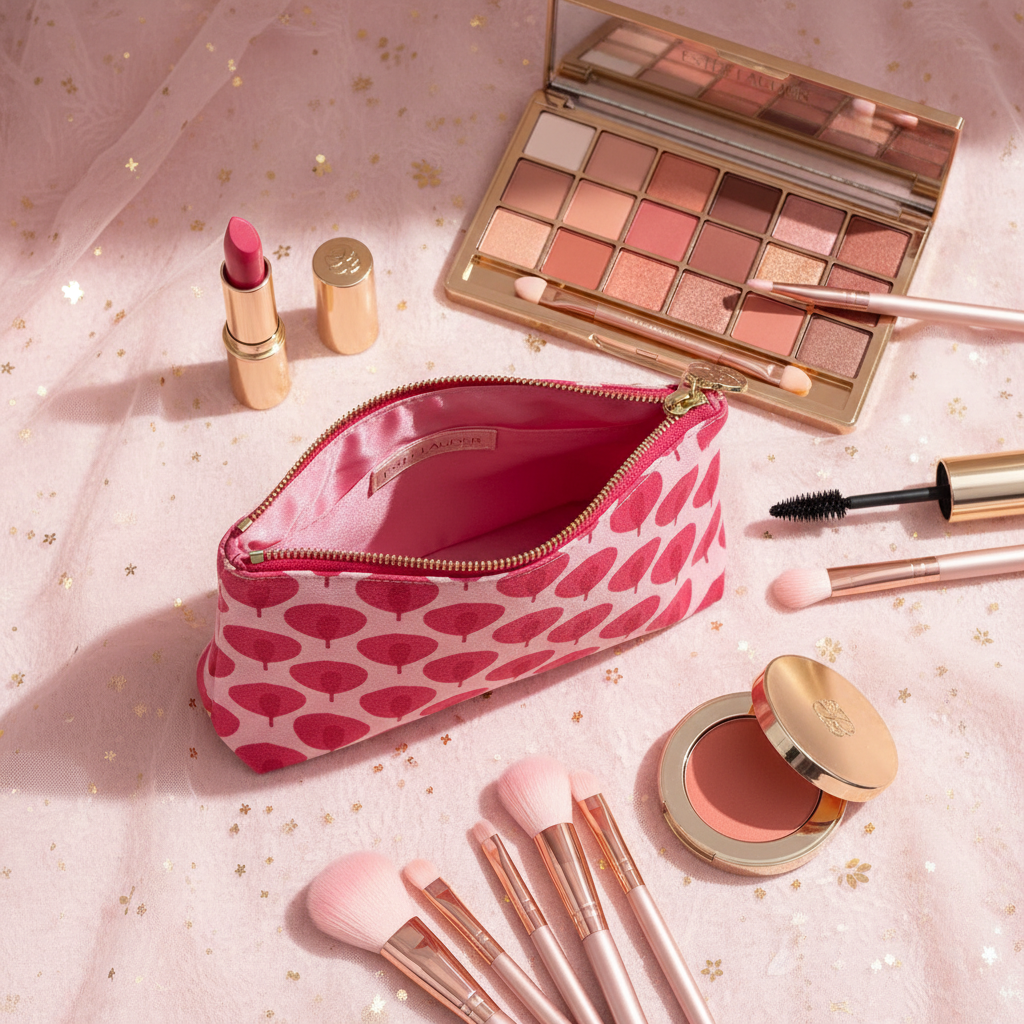 Estée Lauder Beauty in Bloom makeup bag beauty flat lay with luxury products