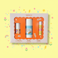 YAWN Kit 01 beauty gift box on colorful playful background with confetti and stars