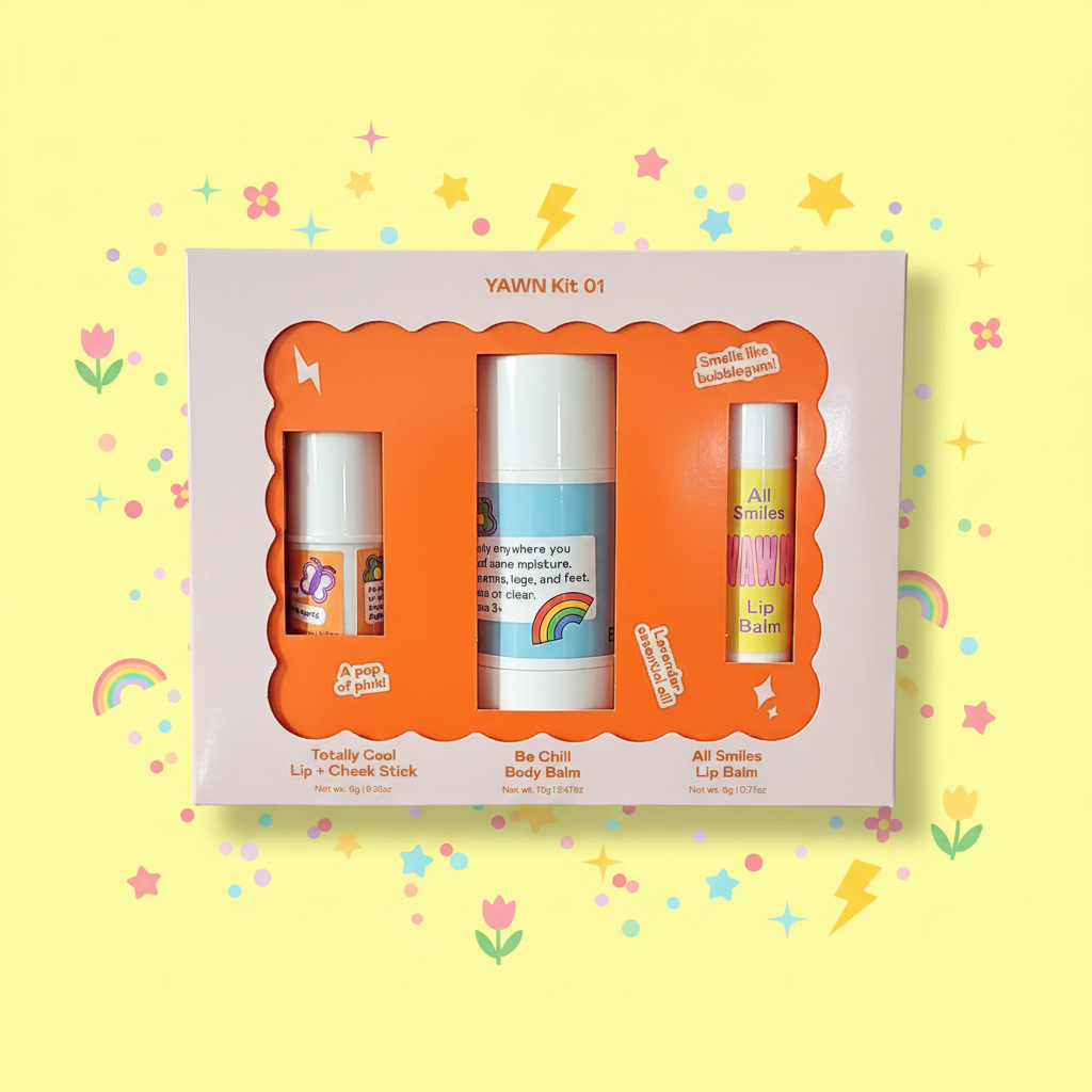 YAWN Kit 01 beauty gift box on colorful playful background with confetti and stars