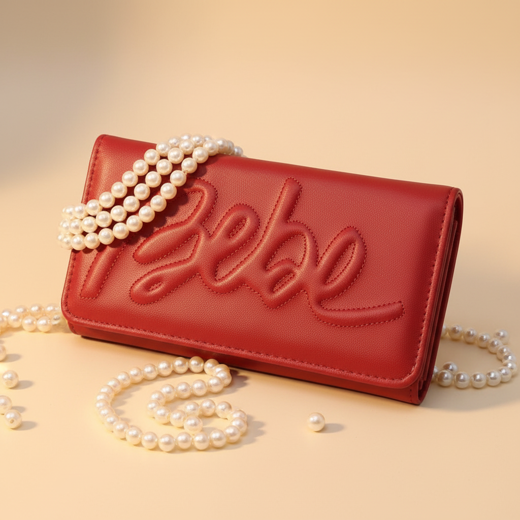 Bebe Louisa red trifold wallet elegantly surrounded by pearls - luxury flat lay