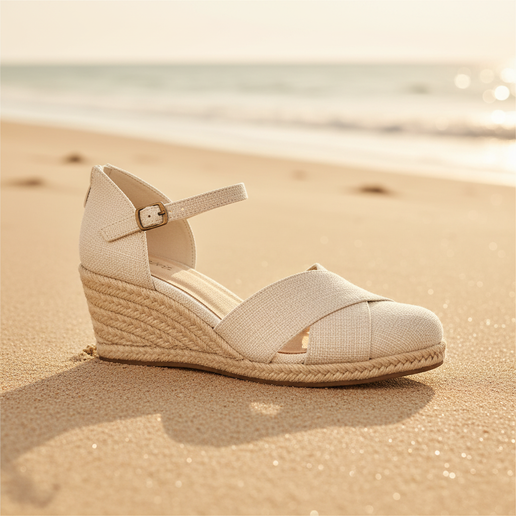 Easy Street Coast espadrille wedge sandal natural linen - summer resort editorial shot