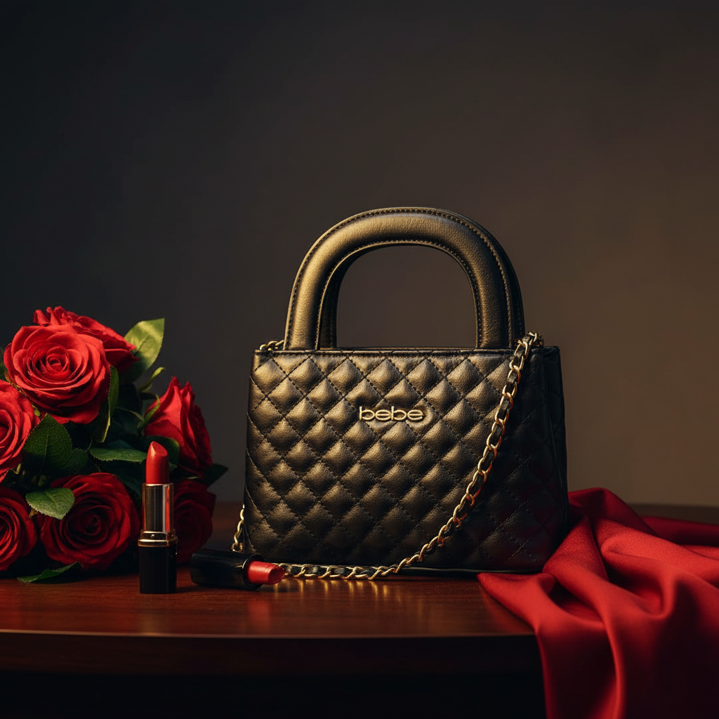 Bebe Sofie mini satchel styled with red roses, lipstick and silk scarf - bold editorial shot