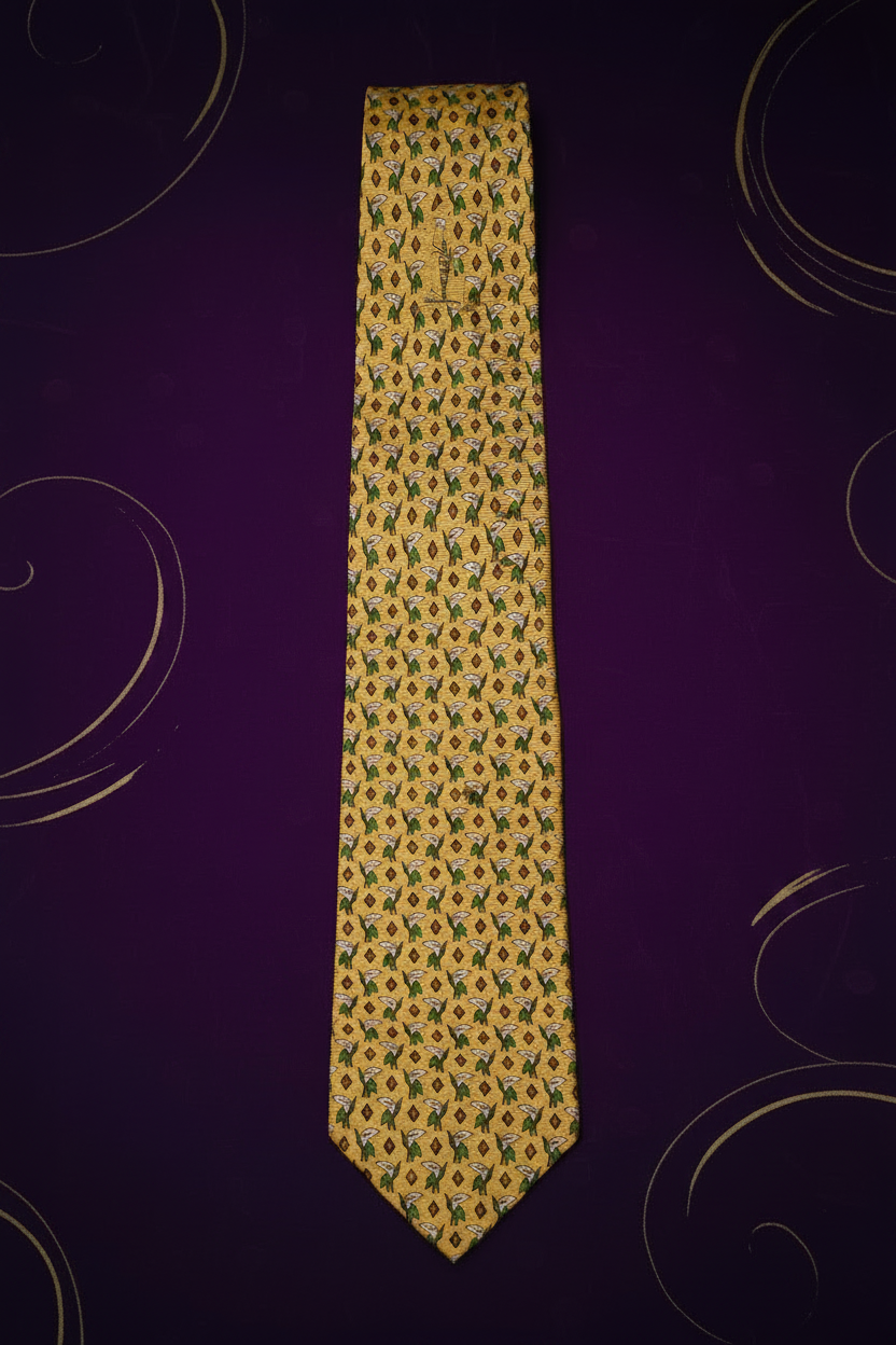 YSL yellow silk tie with calla lily print – front view on purple velvet