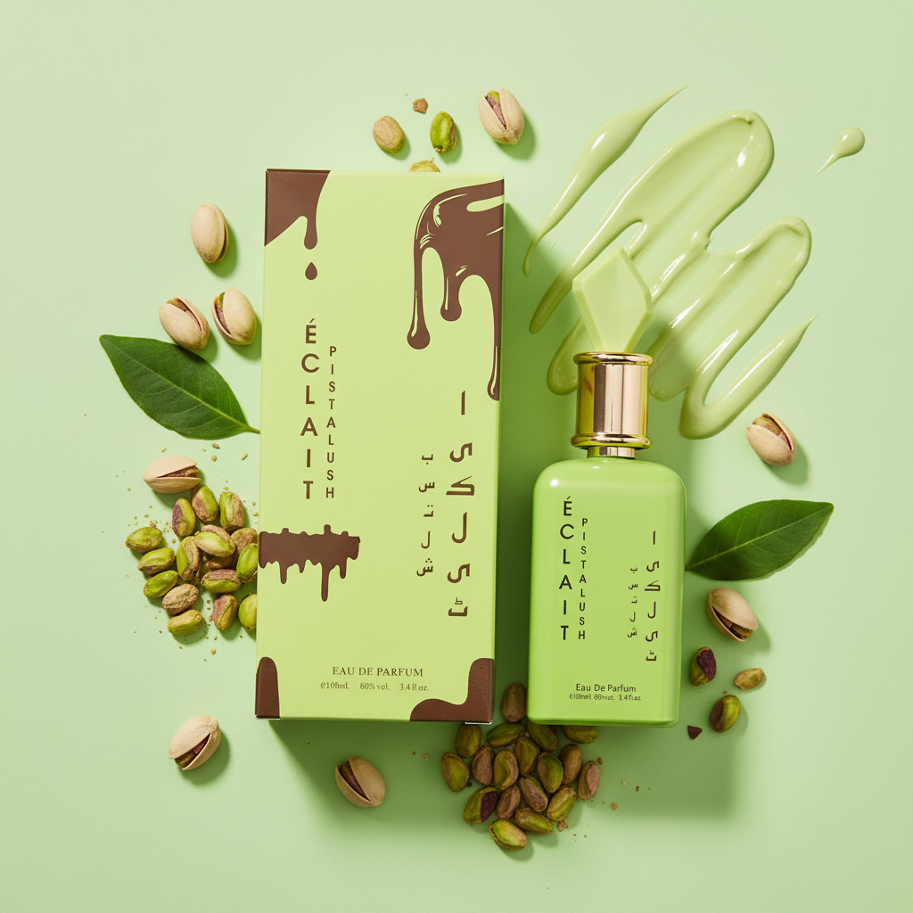 Éclait Pistalush EDP fun photo with scattered pistachios and cream drizzle