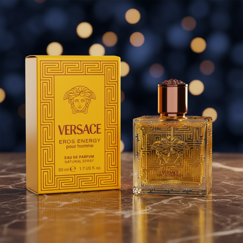 Versace Eros Energy Pour Homme EDP 50ml on dark marble with golden light and navy bokeh background