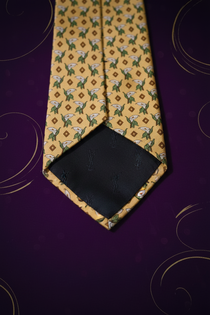 YSL tie – close-up of monogram lining on purple velvet