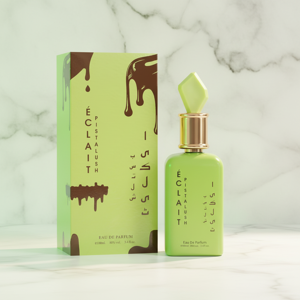 Éclait Pistalush EDP lime green bottle with chocolate drip box