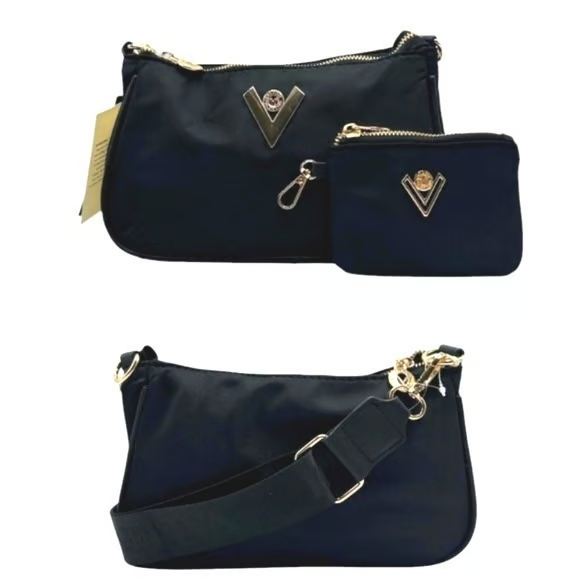Valentino Orlandi Black Nylon Crossbody Bag – Gold V Logo | Includes Mini Pouch