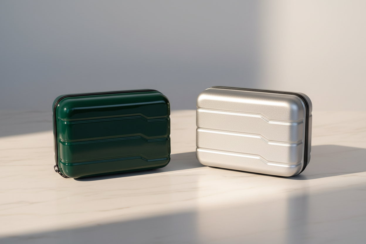 Open Story Hardside Mini Cases in forest green and silver displayed on white marble with warm studio lighting