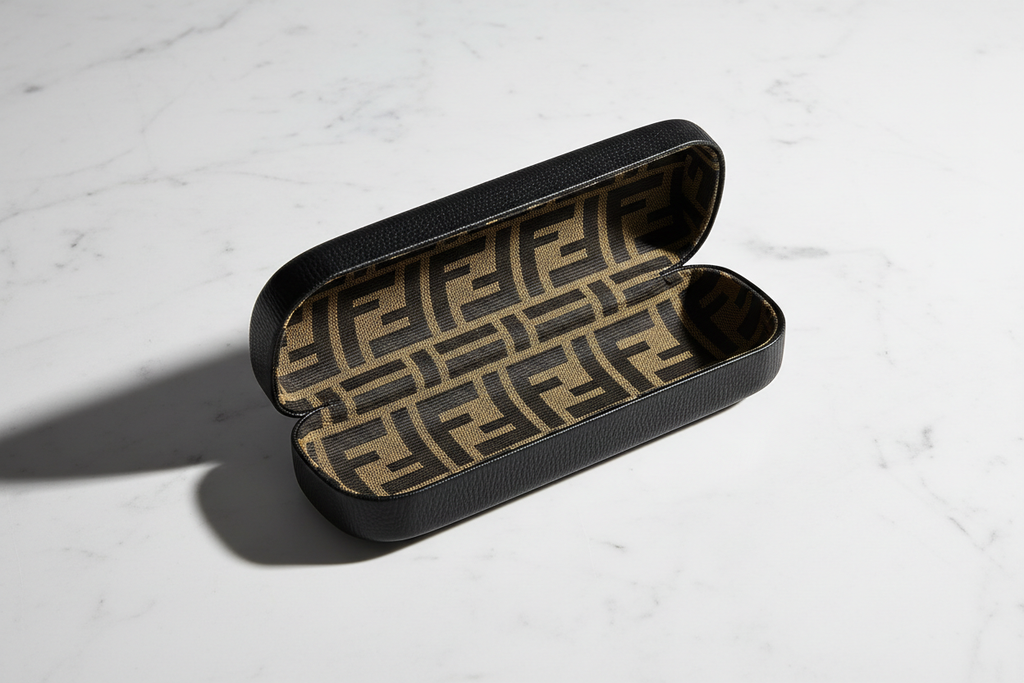 Open black Fendi hard case showing FF monogram interior lining