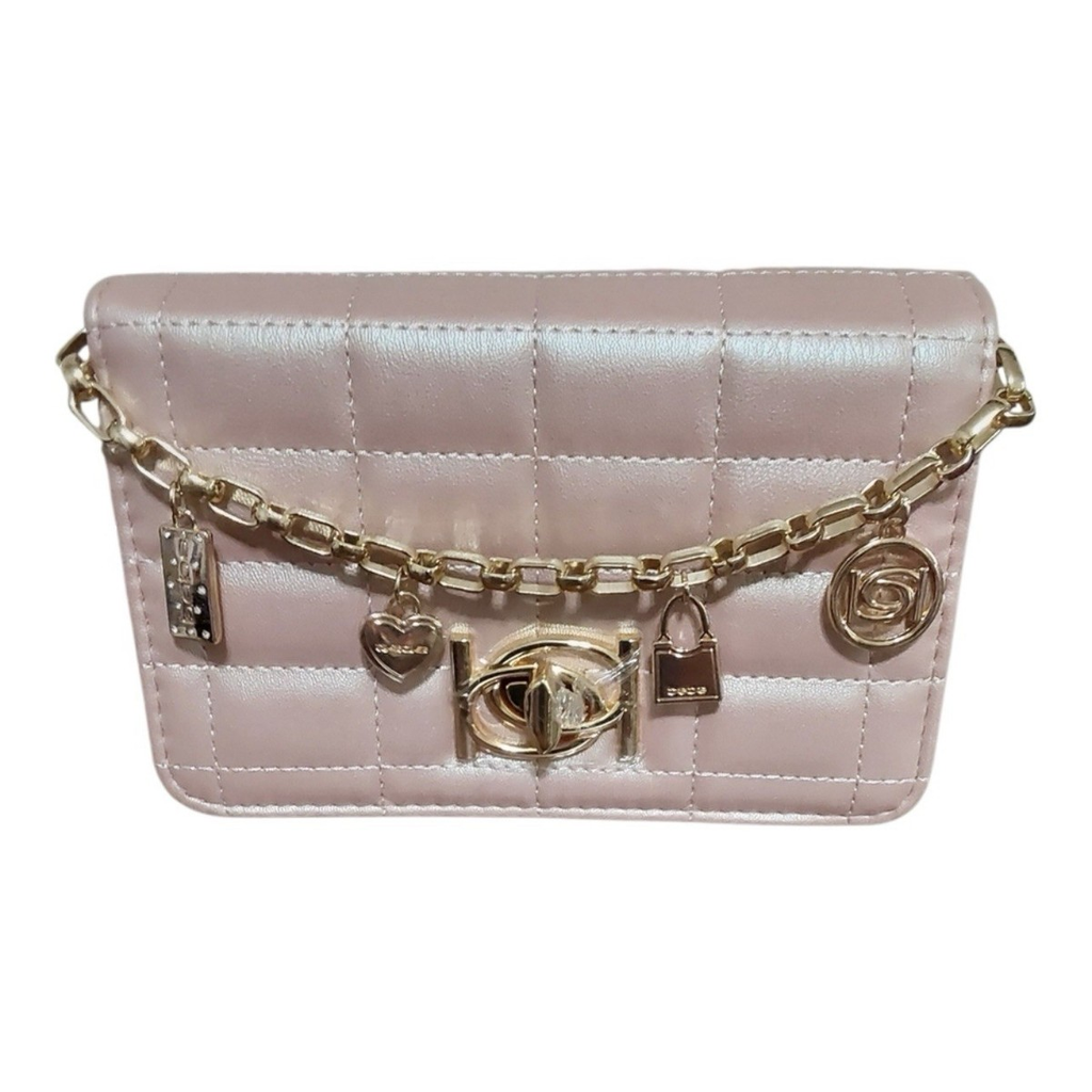 Bebe Jacari Crossbody Bag – Iridescent Mauve Quilted | Gold Chain & Charms