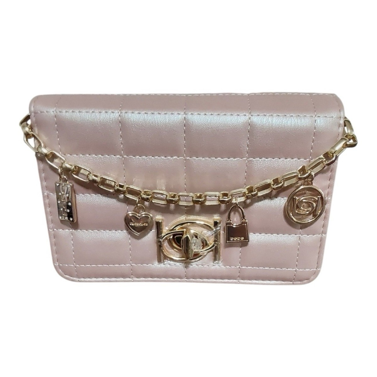 Bebe Jacari Crossbody Bag – Iridescent Mauve Quilted | Gold Chain & Charms
