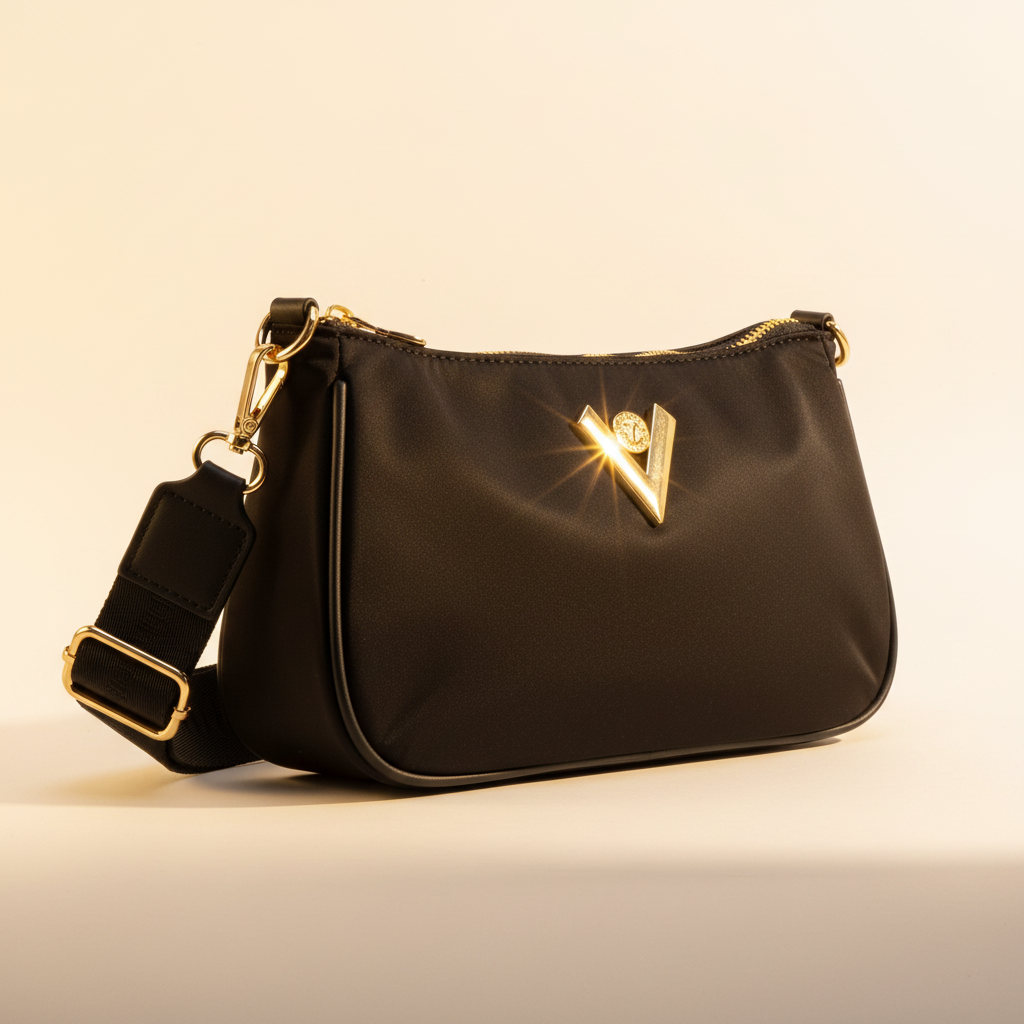 Valentino Orlandi black vegan leather crossbody bag - bright glamorous editorial shot