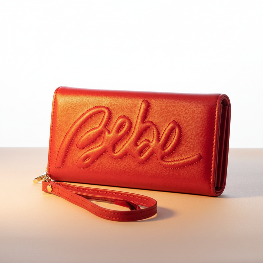 Bebe Louisa red trifold wallet with matching red faux leather wrist strap