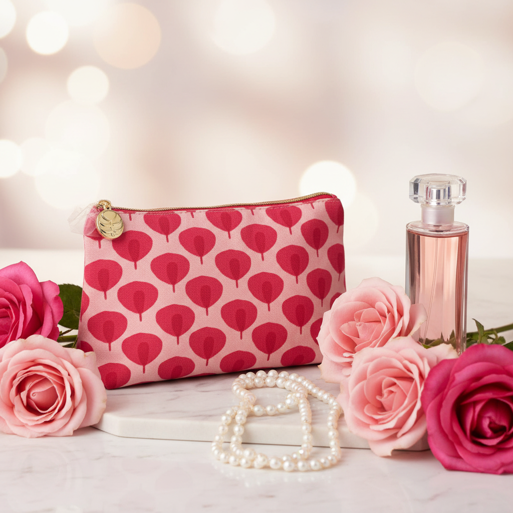 Estée Lauder Beauty in Bloom makeup bag styled with roses and pearls