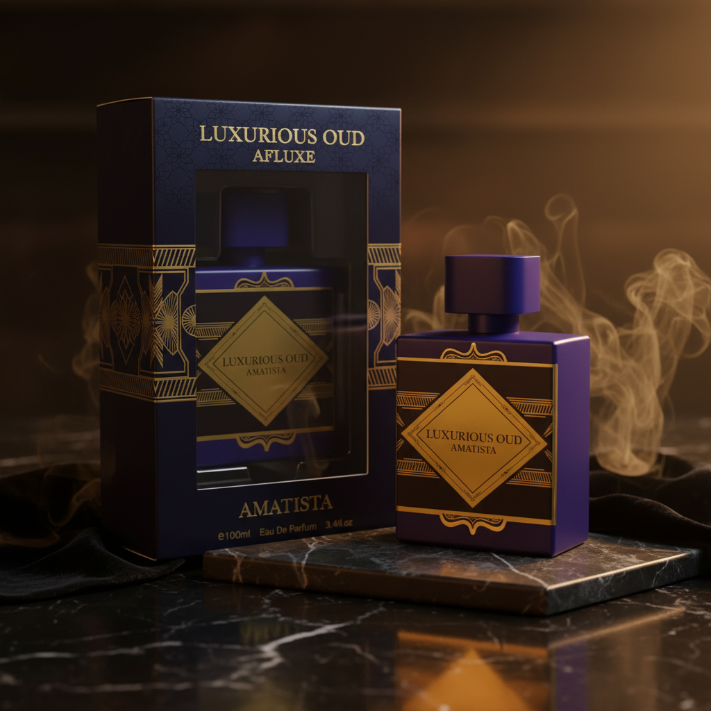 Luxurious Oud Amatista by Afluxe EDP bottle and box