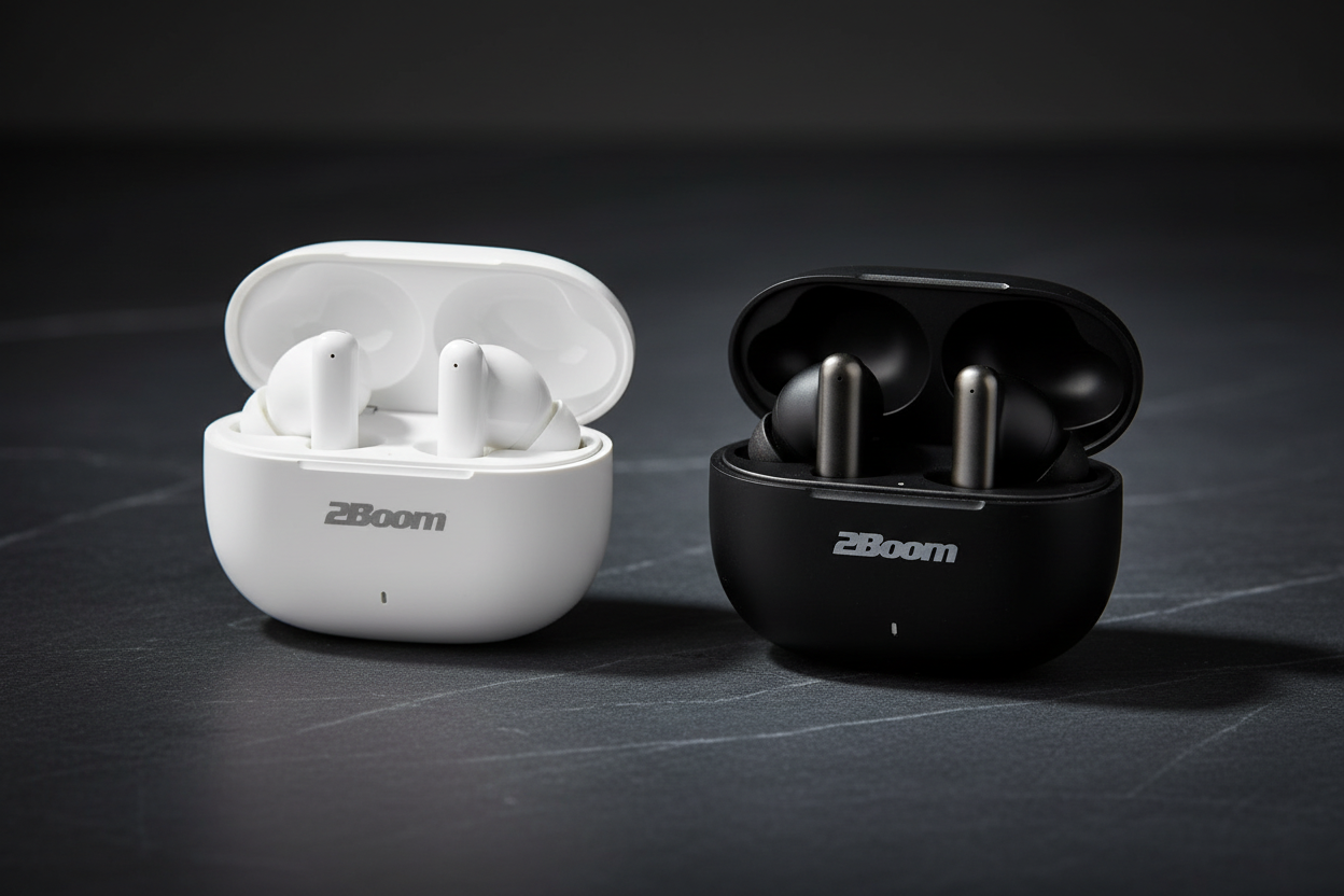 2Boom Vibez Air true wireless earphones in white and black colorways with charging cases on dark surface