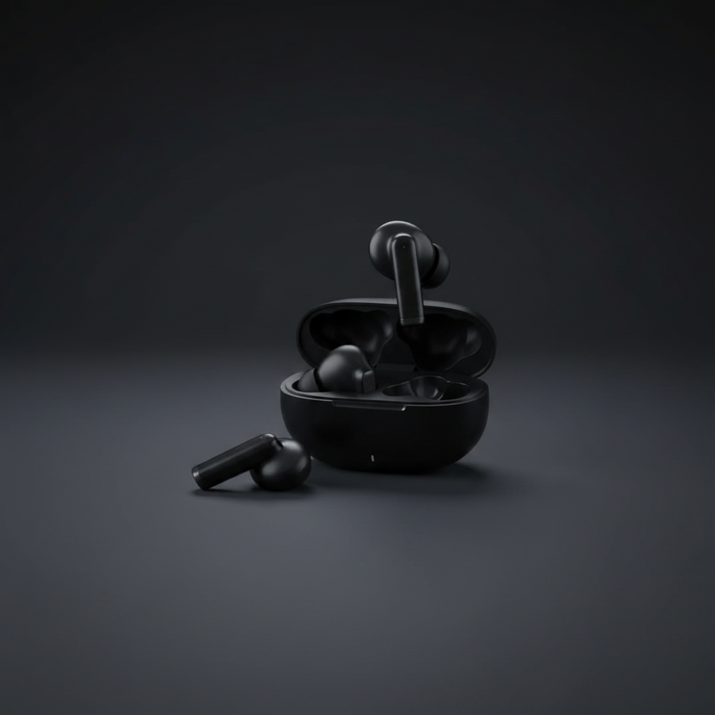 Fisher Vibez Sound black true wireless earphones and charging case on dark slate surface with studio lighting
