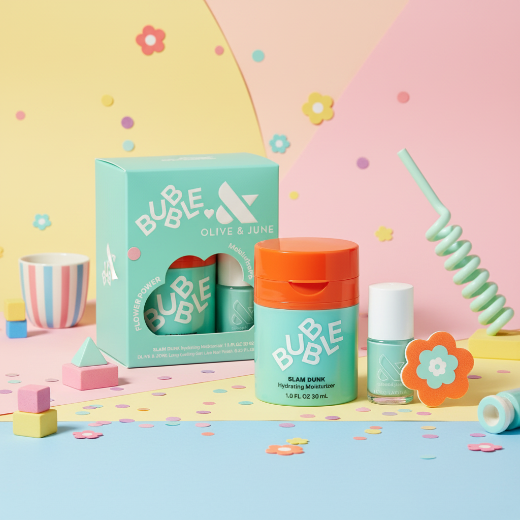 Bubble x Olive and June Slam Dunk Hydrating Moisturizer set with confetti and flowers on colorful playful background