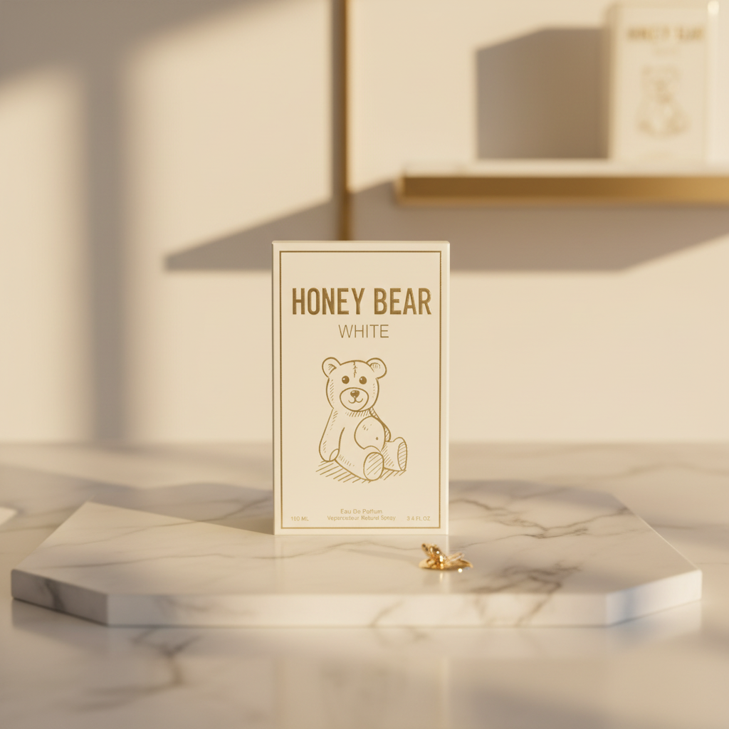 Honey Bear White Eau de Parfum box front on marble surface