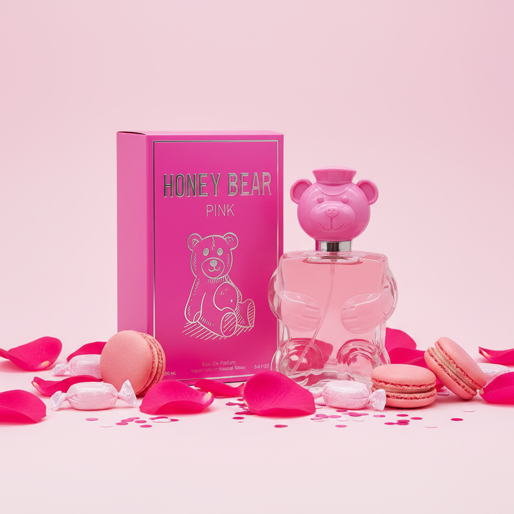 Honey Bear Pink EDP fun playful product photo with confetti and rose petals