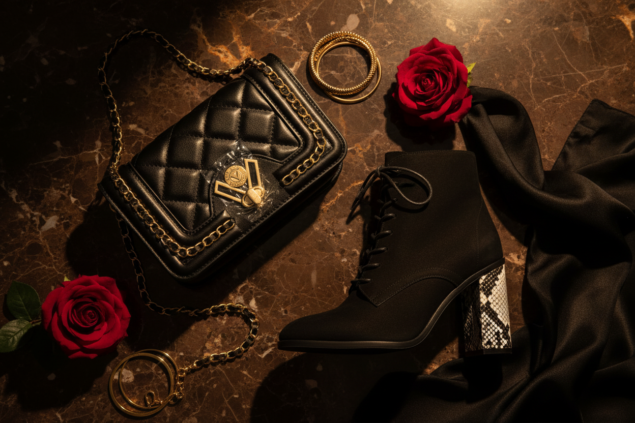 Outfit pairing - Valentino Orlandi black quilted crossbody bag styled with Journee Signature snake heel bootie editorial