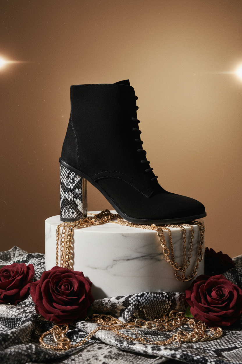 Journee Signature Edda black suede bootie - Vogue-style editorial with marble pedestal, roses and gold chains